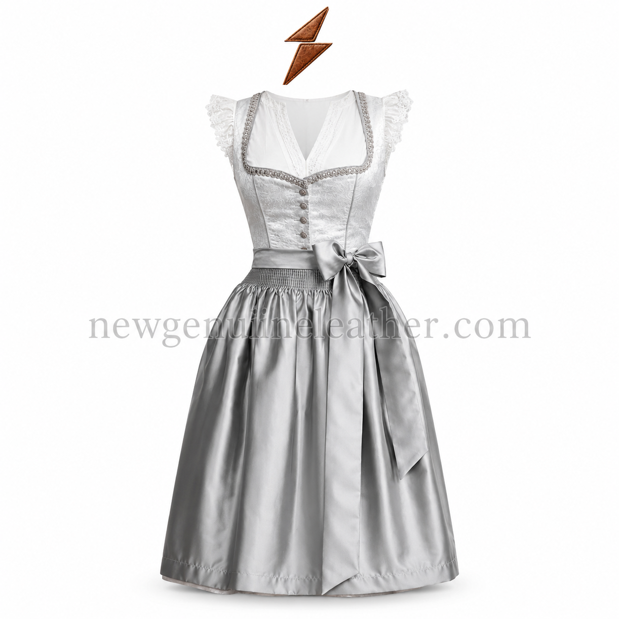 Silver Satin Dirndl Front View | New Genuine Leather Silver Satin Dirndl color range in silver, black, navy, burgundy, champagne, dusty rose and emerald by newgenuineleather.com