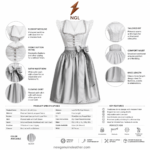 Silver Satin Dirndl back view with princess seams, gathered satin skirt, waist sash and NGL logo