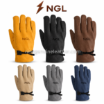Best Diving Gloves in golden yellow leather with a black adjustable wrist cord, reinforced side stitching, and tonal NGL branding.