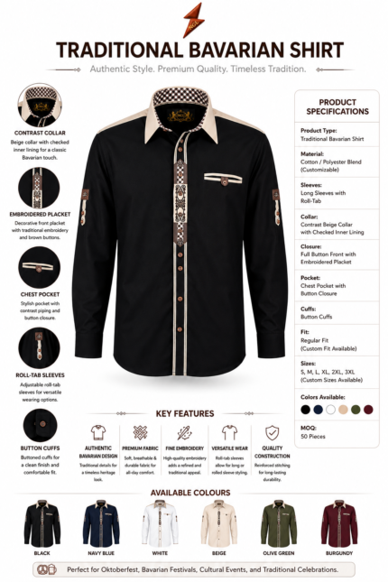 Black Bavarian Shirt with beige collar, embroidered placket, chest pocket and NGL logo by newgenuineleather.com