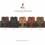 Sleeveless shearling leather vest with black pockets and stitched edge binding