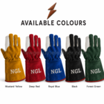 Split leather welding gloves showing smooth white palm and reinforced mustard suede cuff