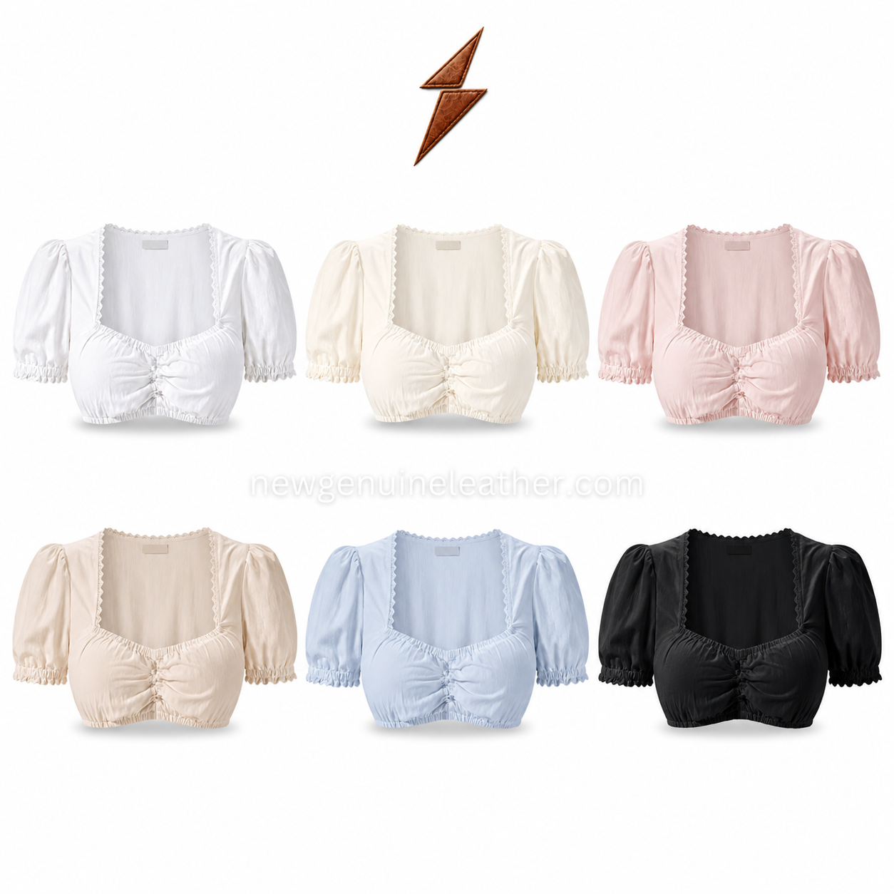 Square Neck Dirndl Blouse White Front View Square Neck Dirndl Blouse in white with short puff sleeves, ruched bust and newgenuineleather.com