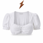 Square Neck Dirndl Blouse specification image showing ruched front, lace edging, puff sleeves and OEM construction