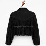 Black fringe leather jacket showing long tassels across the sleeves and body
