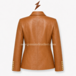 Tan leather blazer cuff with gold buttons for private label outerwear
