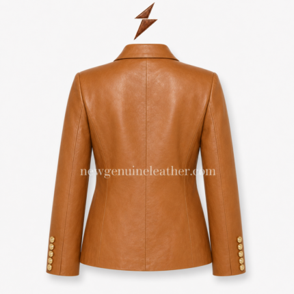 Tan leather blazer cuff with gold buttons for private label outerwear