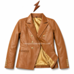 Tan leather blazer detail image with welt pocket and leather grain texture