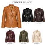 Tan leather blazer back pose with clean center seam and shaped panels