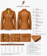 Tan leather blazer front pose with notched lapel collar and satin lining