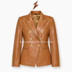 Contact Us Tan leather blazer with gold buttons and double-breasted front for wholesale fashion buyers