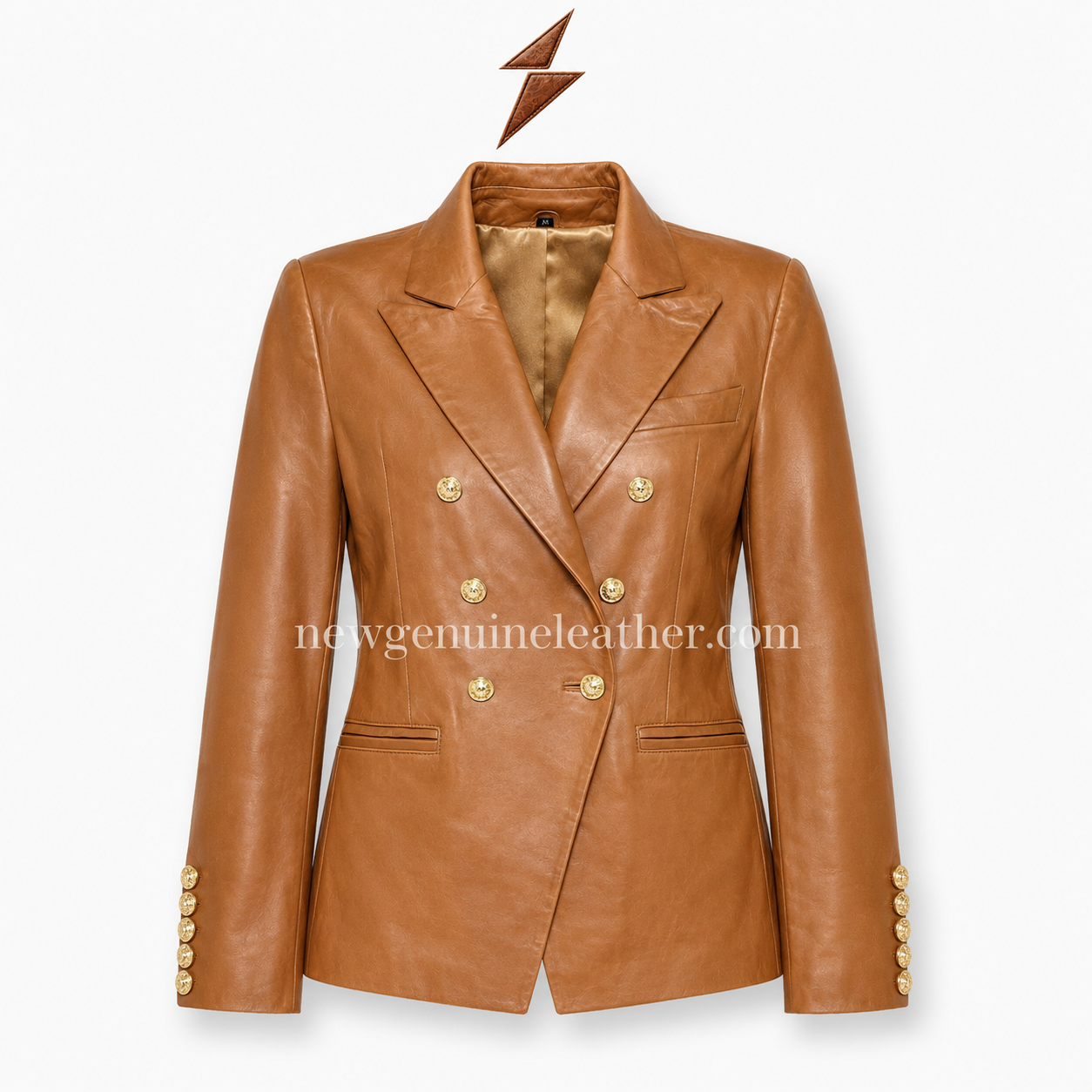 Tan Leather Blazer with Gold Button Front Contact Us Tan leather blazer with gold buttons and double-breasted front for wholesale fashion buyers