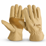 Tan leather NGL Driving Gloves featuring rounded fingers, minimal seams, stitched cuff and subtle logo placement.