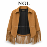 Back view of tan suede fringe jacket with pointed yoke seam and layered shoulder fringe