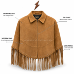 Tan suede fringe jacket with front zipper, pointed Western yoke, and long sleeve fringe by newgenuineleather.com