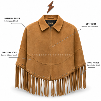 Tan suede fringe jacket with front zipper, pointed Western yoke, and long sleeve fringe by newgenuineleather.com