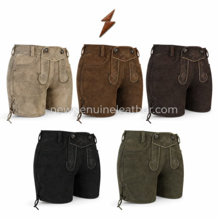 Taupe Suede Lederhosen front view with floral flap embroidery, side lacing and NGL logo by newgenuineleather.com