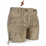 Taupe Suede Lederhosen specifications showing suede texture, belt loops, reinforced stitching and adjustable side laces