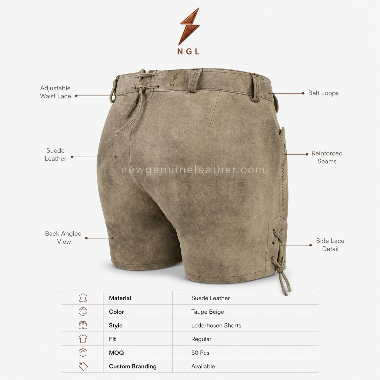 Taupe Suede Lederhosen Front View | NGL Taupe Suede Lederhosen back view with belt loops, adjustable waist lace, reinforced seams and NGL branding