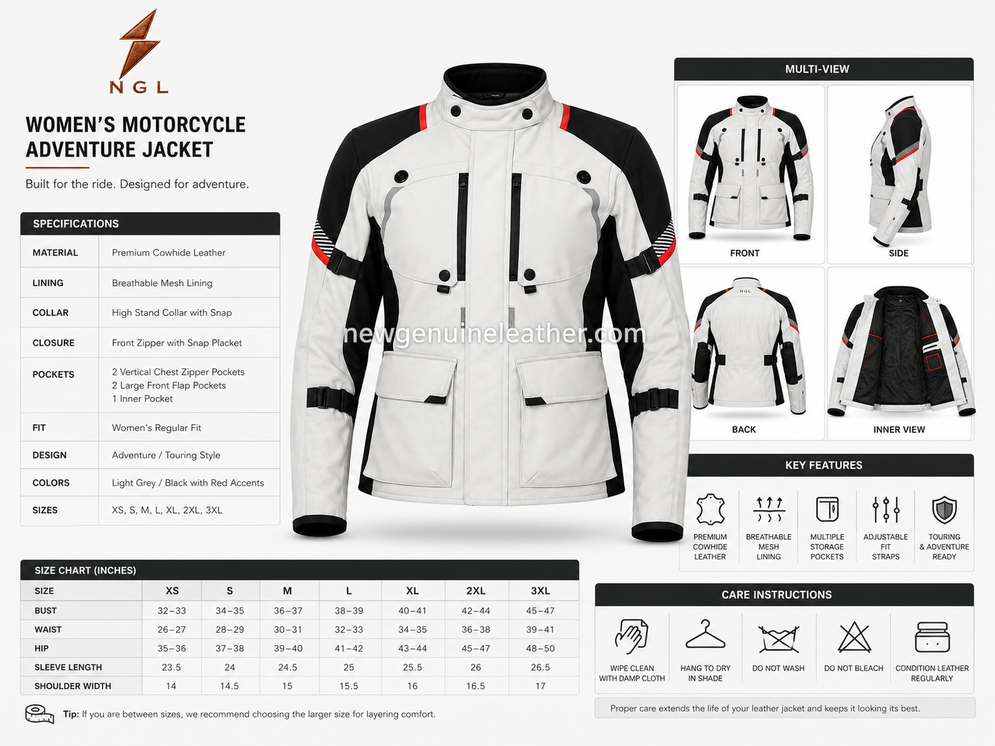Textile Racing Jacket Front View | New Genuine Leather Textile Racing Jacket front view in light grey, black and red with chest zippers and newgenuineleather.com