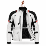 Textile Racing Jacket back view with light-grey centre panel, black elbow sections and red shoulder accents