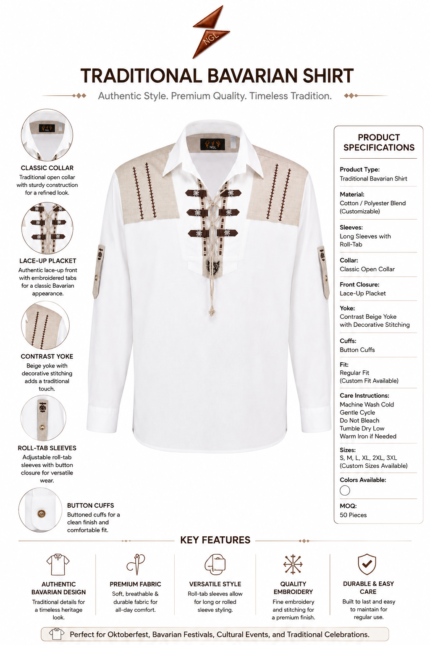 Back view of Trachten Shirts with white fabric, beige shoulder yoke, buttoned cuffs and newgenuineleather.com branding