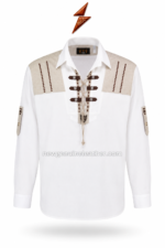 Trachten Shirts specification image showing lace-up placket, contrast yoke, roll-tab sleeves, button cuffs and NGL branding