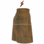 Traditional brown lederhosen skirt featuring curved pockets, twin waistband buttons and decorative embroidery