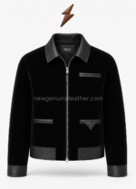 Open black Velvet Jacket with satin lining, leather trims and NGL collar label from newgenuineleather.com