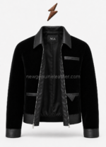 Open black Velvet Jacket with satin lining, leather trims and NGL collar label from newgenuineleather.com