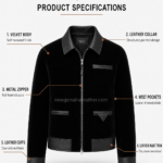 Black Velvet Jacket with leather collar, silver zipper and NGL logo by newgenuineleather.com