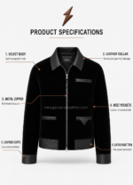 Black Velvet Jacket with leather collar, silver zipper and NGL logo by newgenuineleather.com