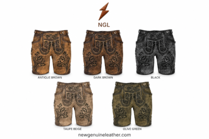 Vintage Embroidered Lederhosen in distressed antique brown with dark floral panels and NGL logo by newgenuineleather.com