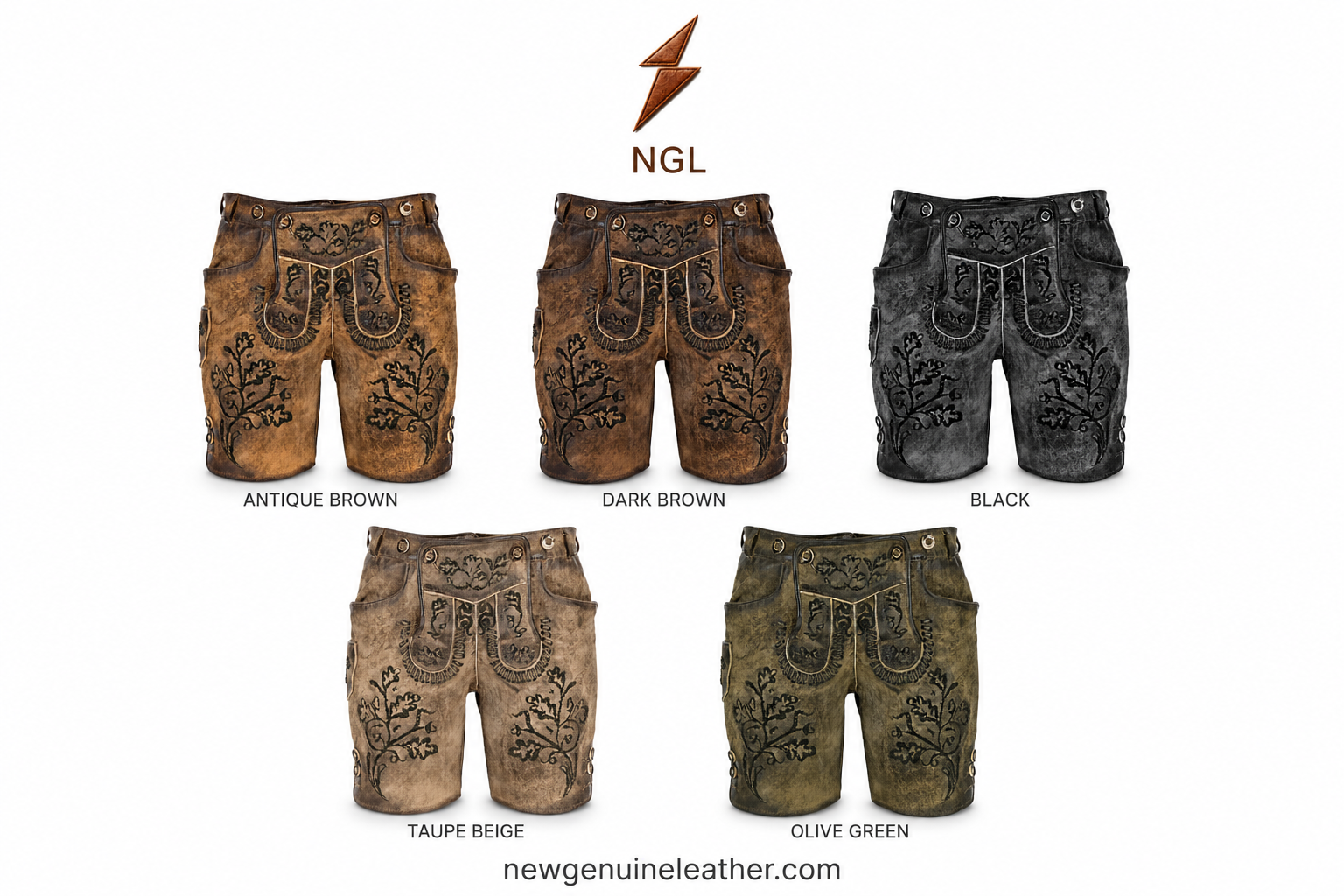 Vintage Embroidered Lederhosen in distressed antique brown with dark floral panels and NGL logo by newgenuineleather.com