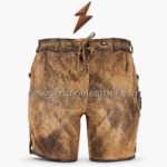 Vintage Embroidered Lederhosen specifications showing genuine leather, floral front panel, custom sizing and private-label options