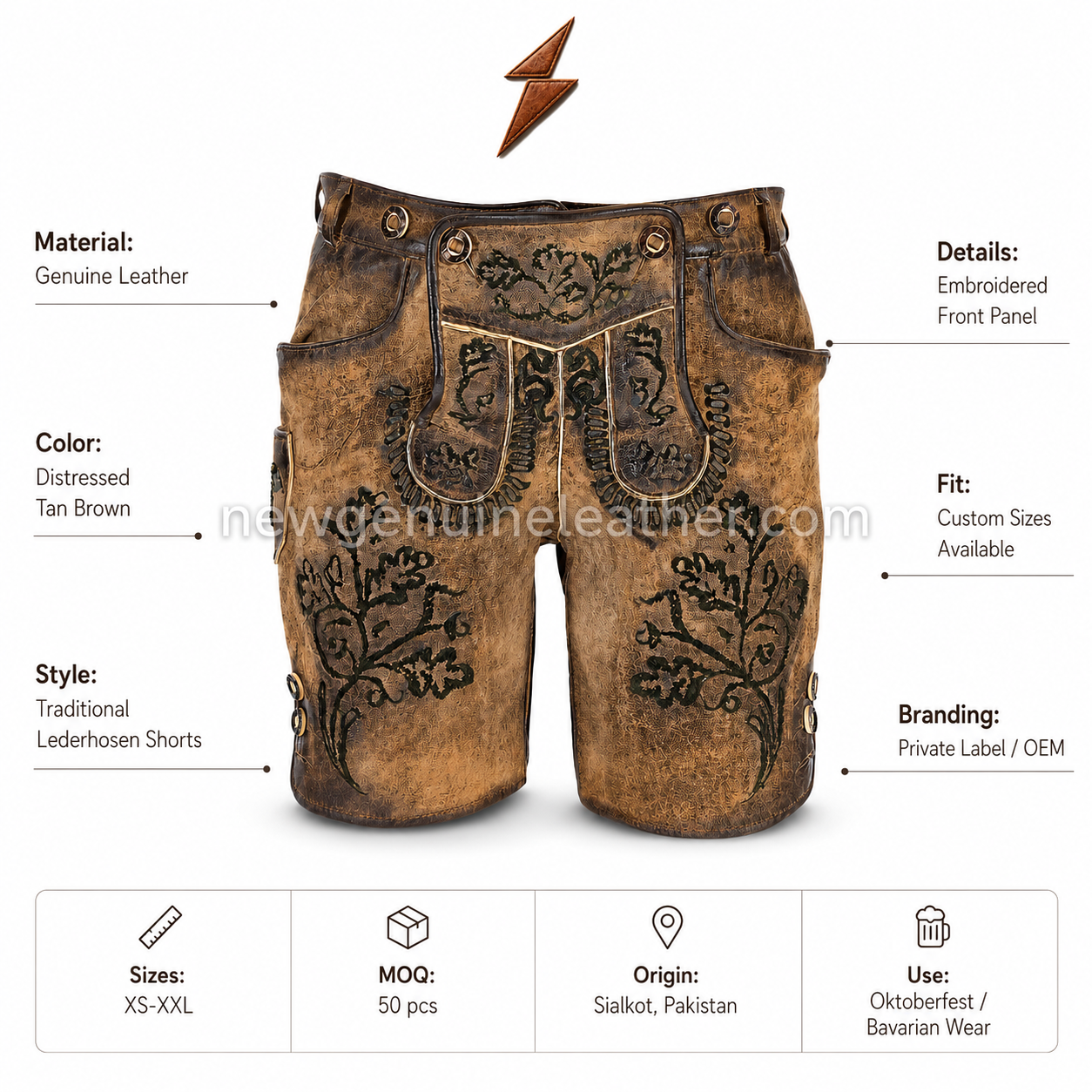 Vintage Embroidered Lederhosen Specifications Vintage Embroidered Lederhosen back view with distressed leather panels, adjustable waist lacing and NGL branding