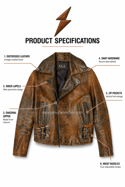 Vintage Leather Jacket in distressed cognac brown with biker lapels, four waist buckles and NGL logo