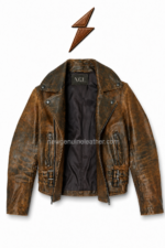 Open Vintage Leather Jacket with dark lining, NGL collar label and distressed brown leather panels