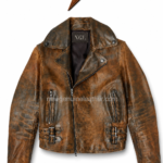 Vintage Leather Jacket specification image showing distressed leather, biker lapels, zippers and buckles