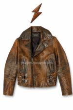Vintage Leather Jacket specification image showing distressed leather, biker lapels, zippers and buckles