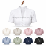 White Dirndl Blouse front view with lace-trimmed stand collar, short sleeves, three buttons and newgenuineleather.com