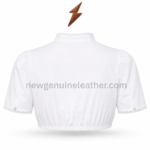 White Dirndl Blouse specifications showing stand collar, lace trim, button front, short sleeves and OEM