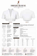 White Dirndl Blouse back view with upright collar, gathered shoulders, lace sleeve cuffs and elasticated lower