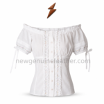 White Lace Dirndl Blouse specifications showing lace stitching, button closure, puff sleeves and fitted panel construction