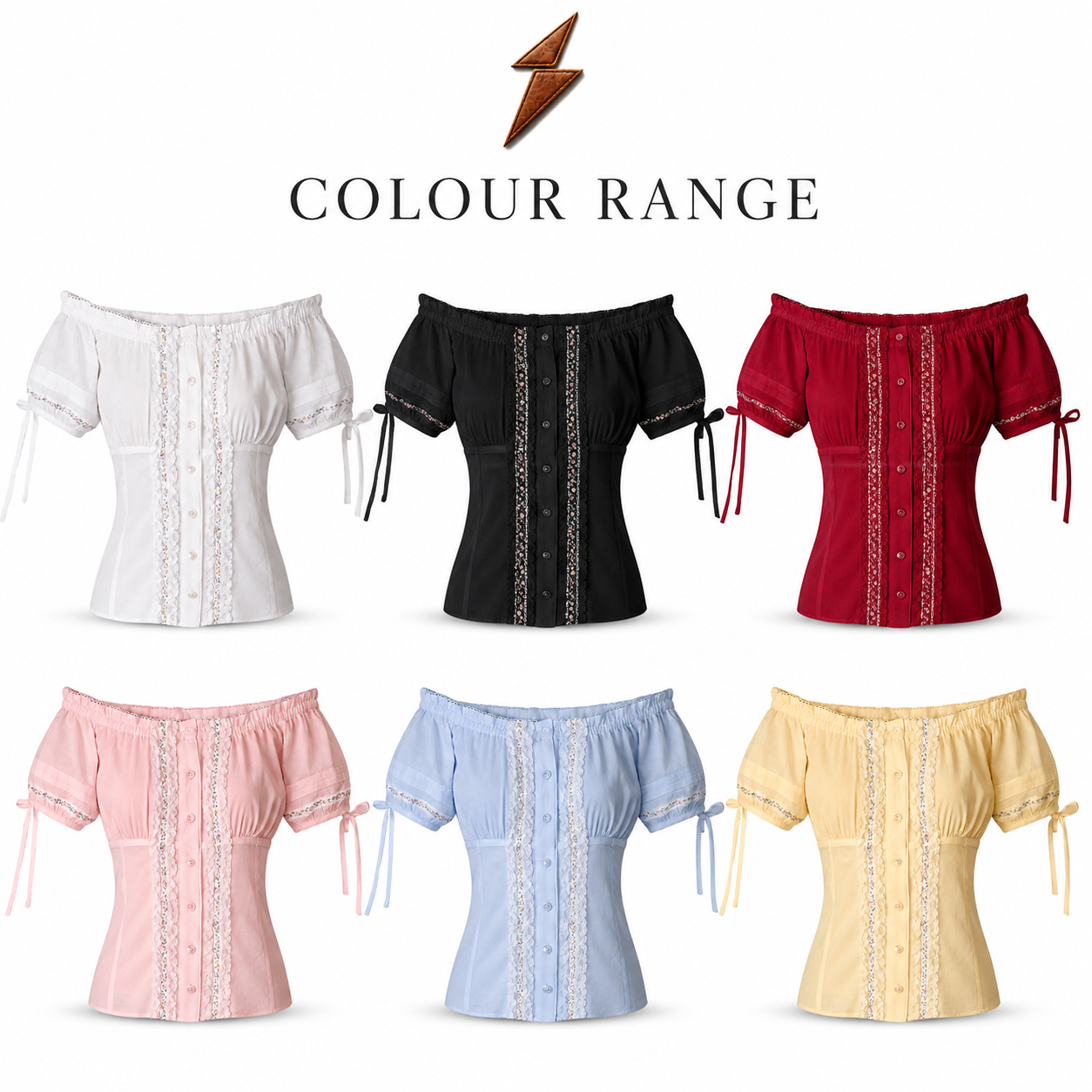 White Lace Dirndl Blouse Wholesale Color Range White Lace Dirndl Blouse front view with elastic off-shoulder neckline, floral trim and NGL logo by newgenuineleather.com