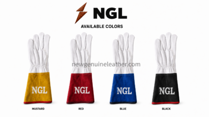 Goat welding gloves featuring curved double stitching and an extended mustard-yellow cuff