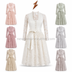 White Long Sleeve Dirndl back view with fitted princess seams, lace sleeves and gathered ivory skirt