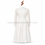 White Long Sleeve Dirndl specifications with keyhole collar, pearl buttons, satin sash and scalloped lace hem