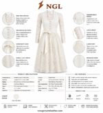 White Long Sleeve Dirndl front view with high lace collar, pearl buttons, floral skirt and newgenuineleather.com