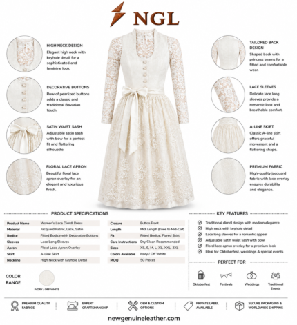 White Long Sleeve Dirndl front view with high lace collar, pearl buttons, floral skirt and newgenuineleather.com